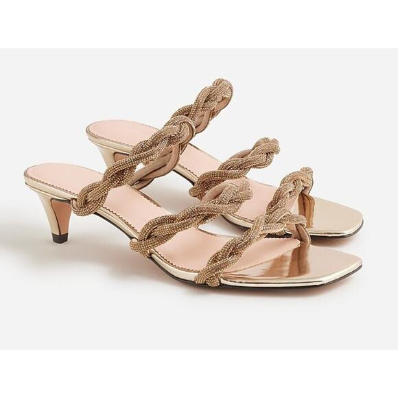 J Crew 8.5 Heels Zadie Strappy Kitten Heel Pumps Gold Open Toe Crystals NEW - Picture 1 of 14